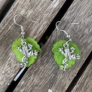 Green Leaf Frog Earrings